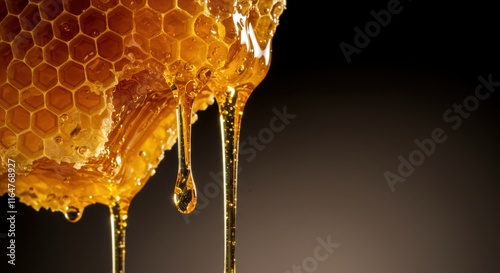 Golden honeycomb with dripping honey on a dark background photo