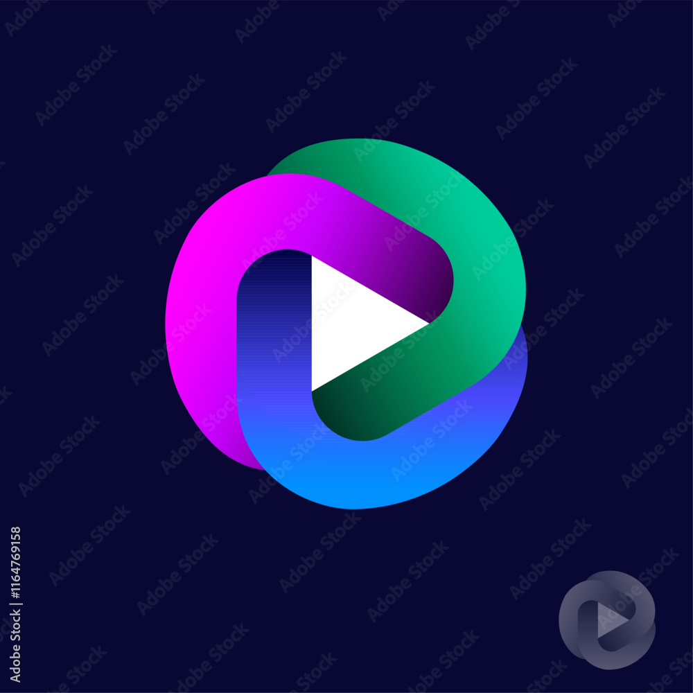 Obraz premium Audio or video player icon. The audio and video emblem consists of three colored stripes and a play symbol inside.