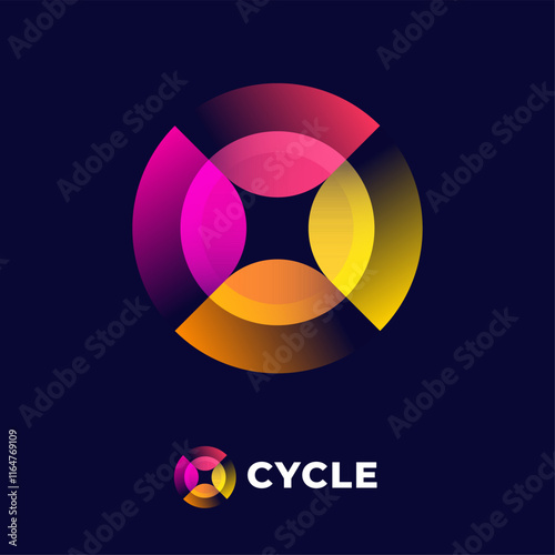 Cycle logo. Cycle symbol consists of yellow, pink, red and orange rounded elements. Brand identity, use of colors and app icon.