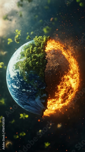Save the planet. Global warming aand climate change concept. Half globe is on fire, half globe is lush green. Generative AI 