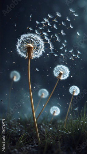 Dandelions Seed Dispersal With Floating Seeds And Soft Glow In Nighttime