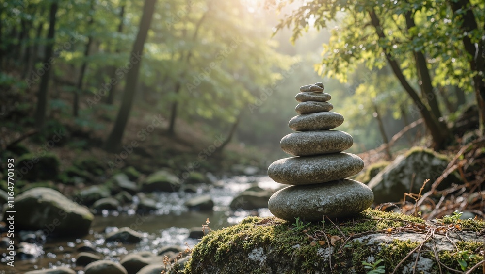 Tranquil forest scene with balanced stacked stones on mossy boulder Tranquil forest scene with balanced stacked stones on mossy boulder
