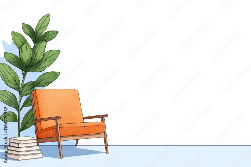 Fototapeta premium Cozy orange chair beside plant and stacked books