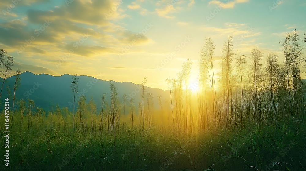 Golden Sunset Illuminates Grassland And Mountains Golden Sunset Illuminates Grassland And Mountains