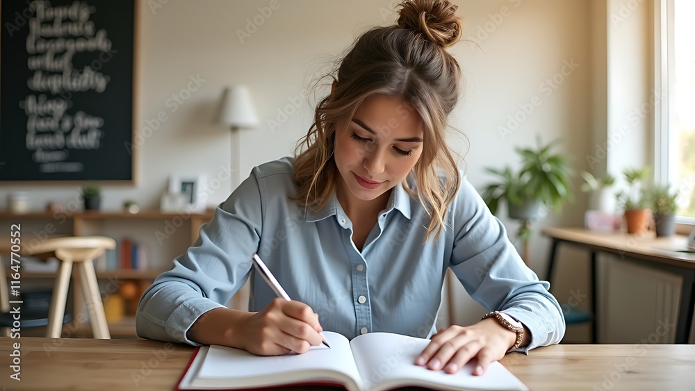 Focused Young Woman Writing in Notebook at Home Office Focused Young Woman Writing in Notebook at Home Office