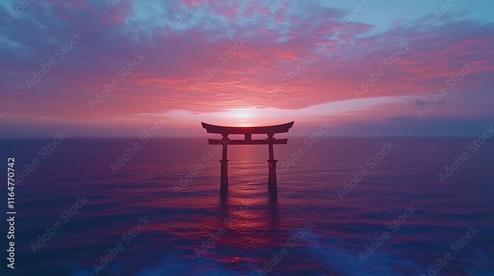 Serene Torii Gate at Sunset Over Calm Ocean Waters Serene Torii Gate at Sunset Over Calm Ocean Waters