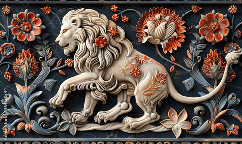 a relief art object depicting a white lion in profile with a lush mane, surrounded by elements of vegetation and animals in the style of a classical engraving.  