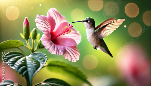 Hummingbird flying in the air next to a flower. photo