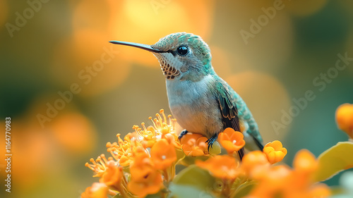 Miniature hummingbird perched on a flower