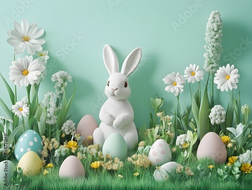 Delicate Easter advertising banner, pastel color scheme, generous top copy space, enriched with playful bunny and egg motifs photo