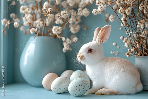 Delicate Easter advertising banner, pastel color scheme, generous top copy space, enriched with playful bunny and egg motifs photo