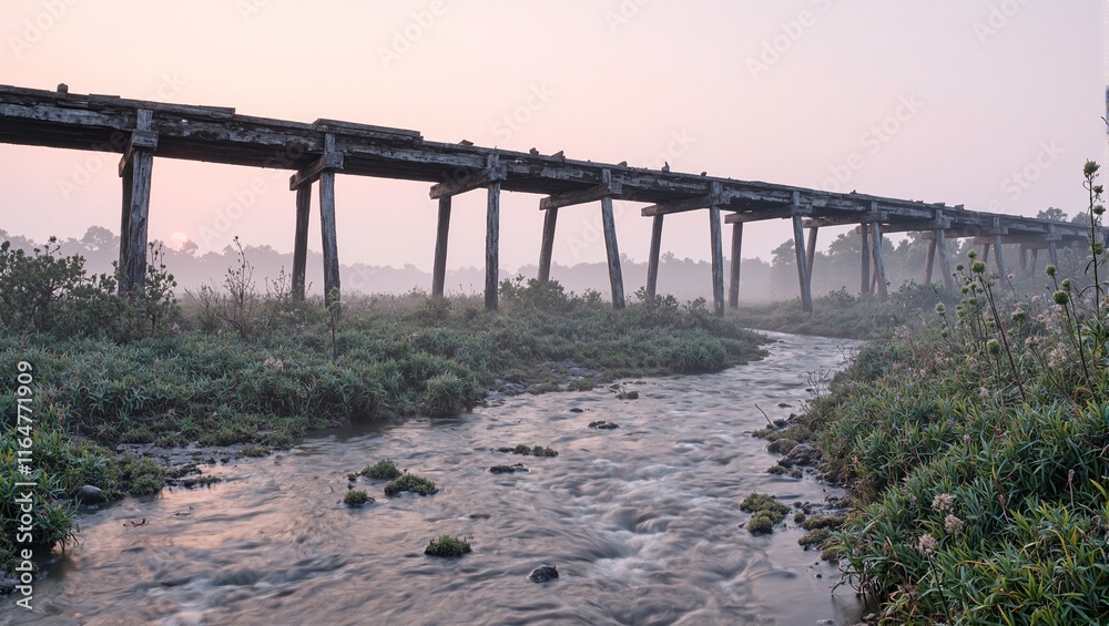 Misty river under pink sunrise with wooden bridge and wildflowers Misty river under pink sunrise with wooden bridge and wildflowers
