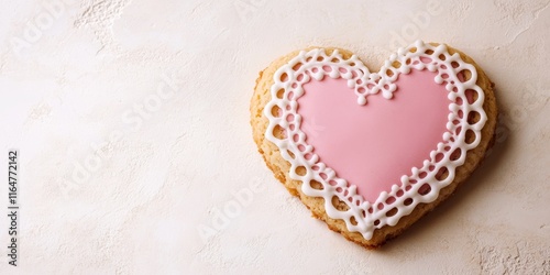 A heart-shaped cookie with a lace-like border and a pink center, displayed on a blank white surface