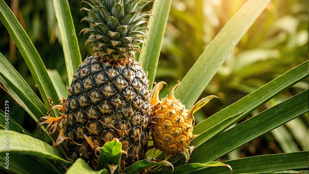 Fototapeta premium Vibrant pineapple fruit growing on tropical plant under sunlight