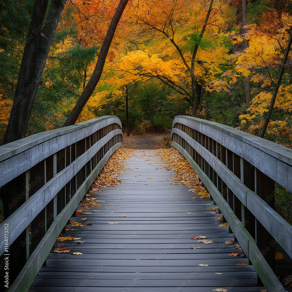 Obraz premium Wooden bridge amidst colorful autumn foliage in a serene forest setting