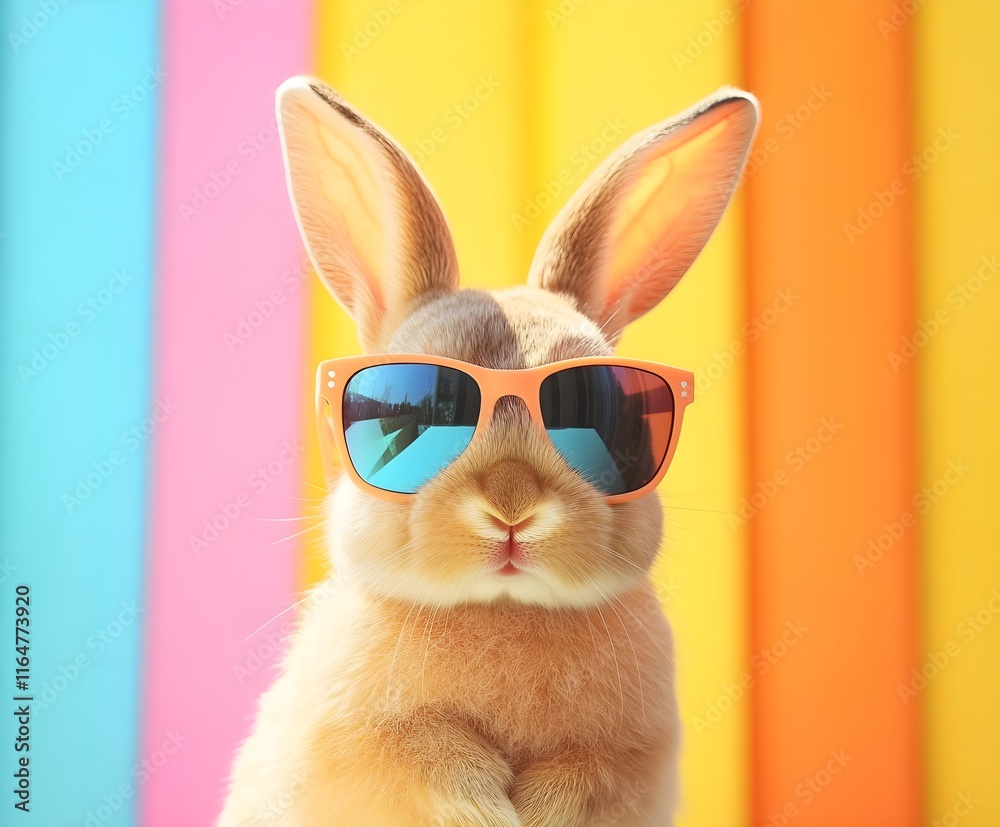 Fototapeta premium Bunny with sunglasses in front of a colorful background