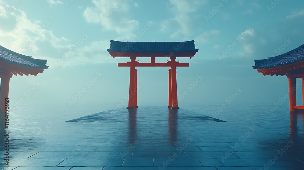 Serene Asian Torii Gate Reflecting in Calm Water Serene Asian Torii Gate Reflecting in Calm Water