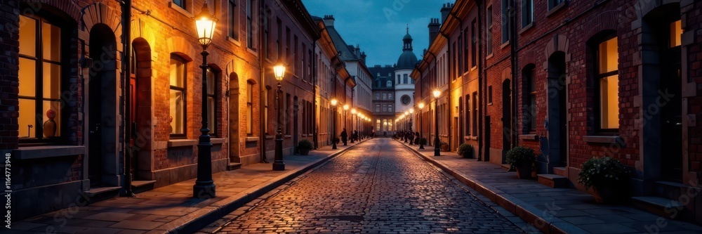 Fototapeta premium Cobblestone street at night with illuminated lamps, street, pavement