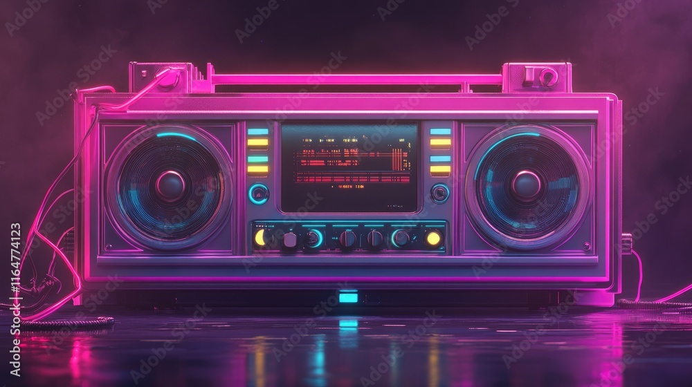Fototapeta premium A vibrant retro boombox with neon lights, showcasing a nostalgic audio experience.