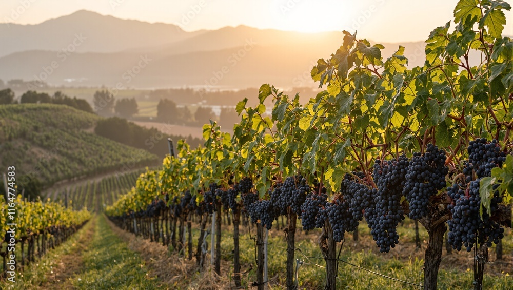 Fototapeta premium Scenic vineyard with ripe purple grapes on sunset lit hillside