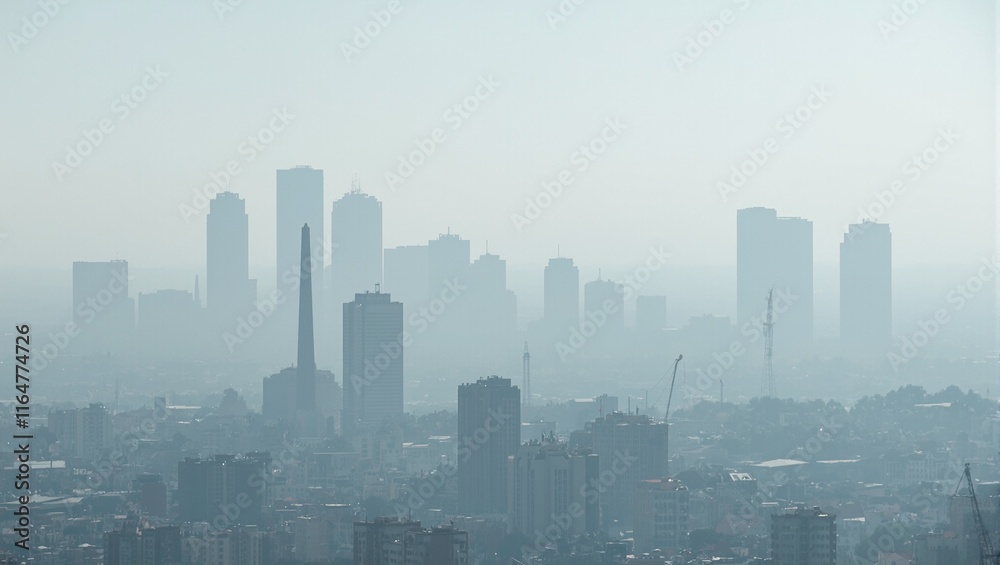 Urban skyline obscured by factory smog depicting air pollution Urban skyline obscured by factory smog depicting air pollution