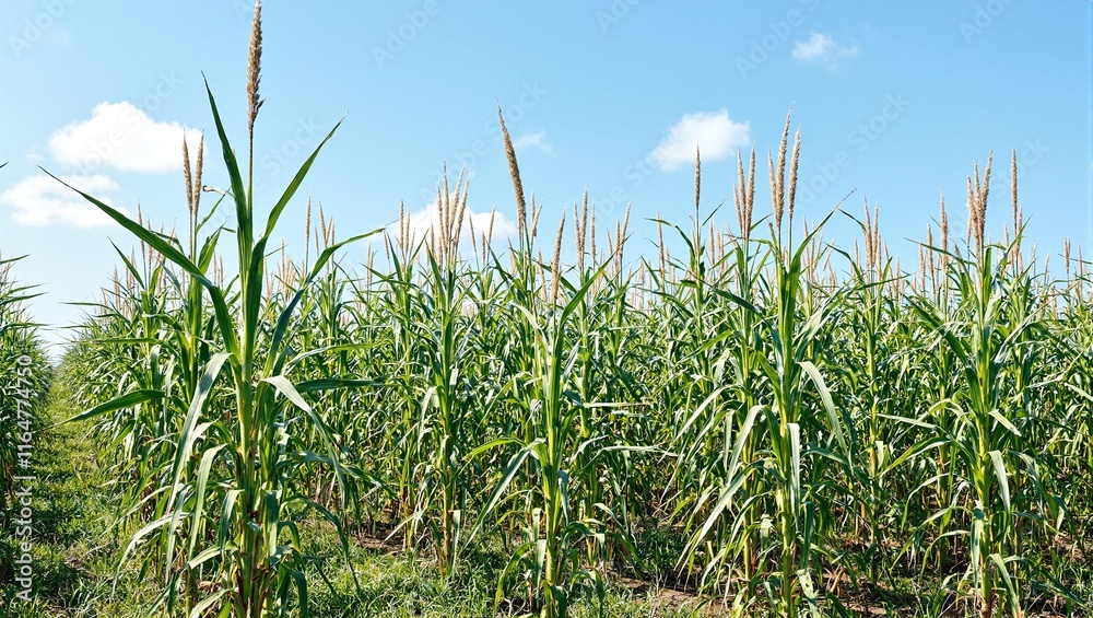 Fototapeta premium Fresh sugarcane in vibrant tropical field under clear blue sky
