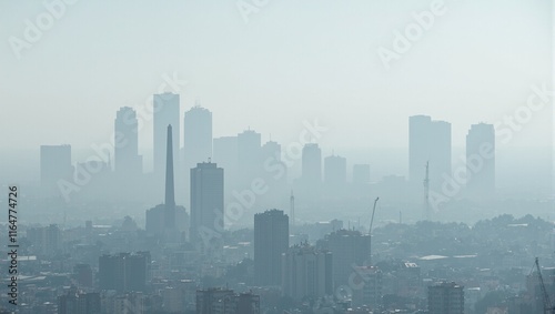Urban skyline obscured by factory smog depicting air pollution