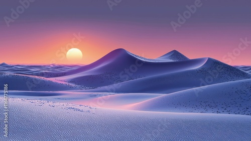 Fototapeta Naklejka Na Ścianę i Meble -  A stunning digital representation of desert dunes bathed in soft sunset colors, featuring a serene sky and layered textures that capture tranquility.