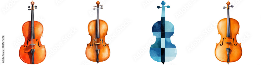 Fototapeta premium Music icon silhouette instrument and minimal, Four distinct violins showcase various colors and designs, highlighting their craftsmanship and musical elegance.