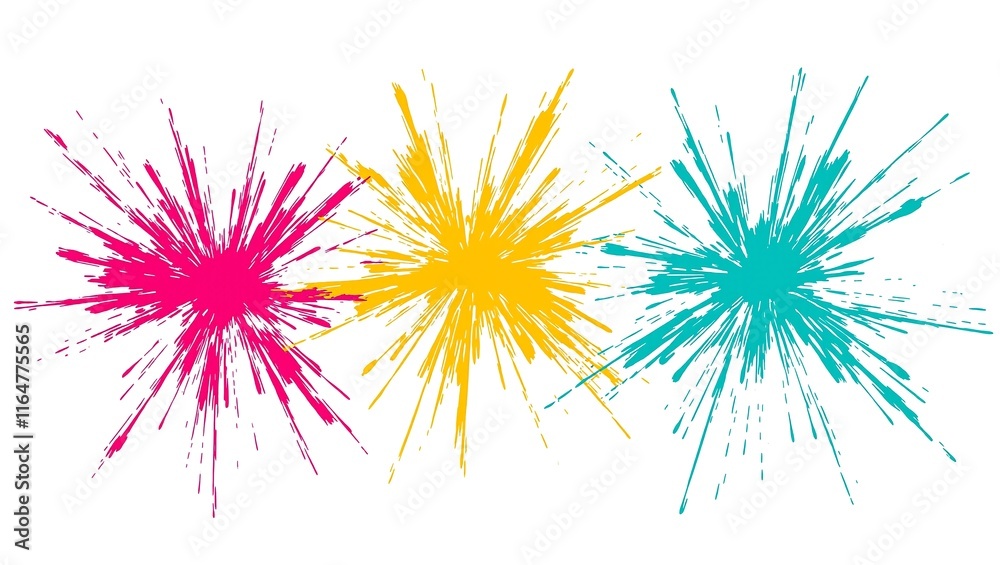 Obraz premium Vibrant paint splatters in radial pattern on white background