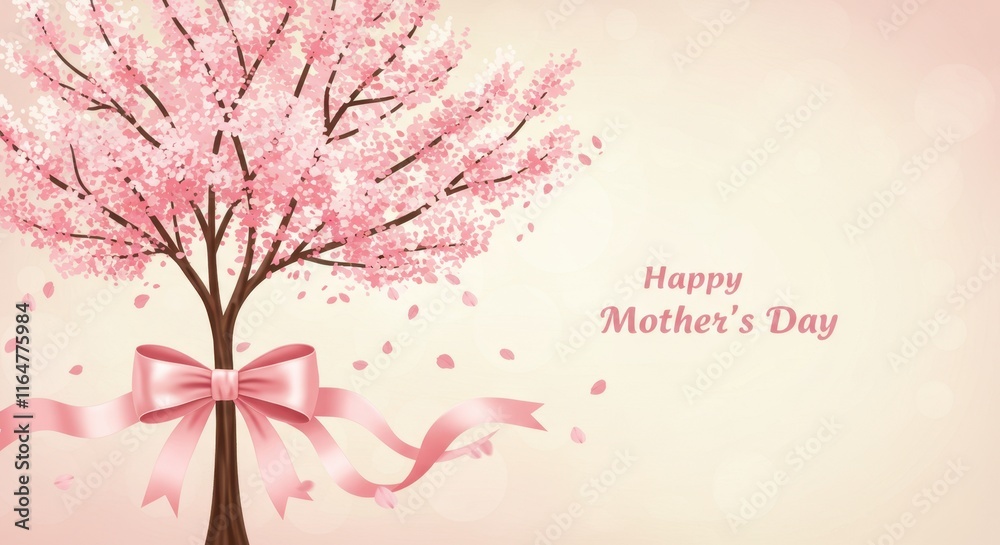 Blossoming cherry tree with pink ribbon and falling petals for mother's day celebration Blossoming cherry tree with pink ribbon and falling petals for mother's day celebration