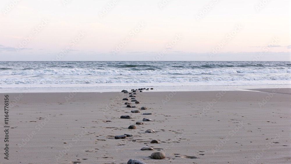 Fototapeta premium Tranquil beach with stone path ocean waves and pastel sunset