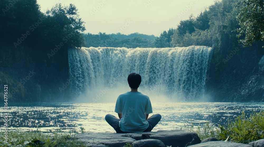 Obraz premium Mindfulness Practice by Waterfall in Natural Setting