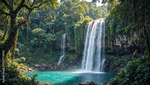 Enchanting forest waterfall with parrots and turquoise pool