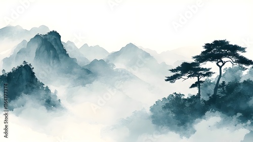 Japanese landscape background with traditional sumi-e painting style, copy space, wallpaper