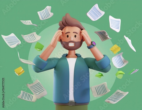 3D illustration stressed man overwhelmed by paperwork and sticky notes photo