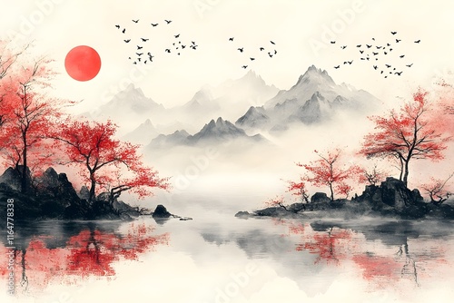 Japanese landscape background with traditional sumi-e painting style, copy space, wallpaper