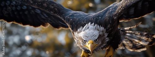 Gros plan d'un aigle volant dans les airs, les ailes déployées, vue de face, arrière-plan de paysages montagneux flou. photo