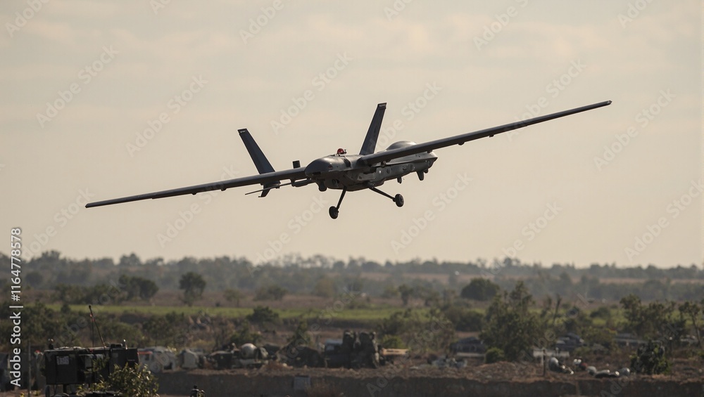 Military drone surveilling battlefield for ground forces Military drone surveilling battlefield for ground forces