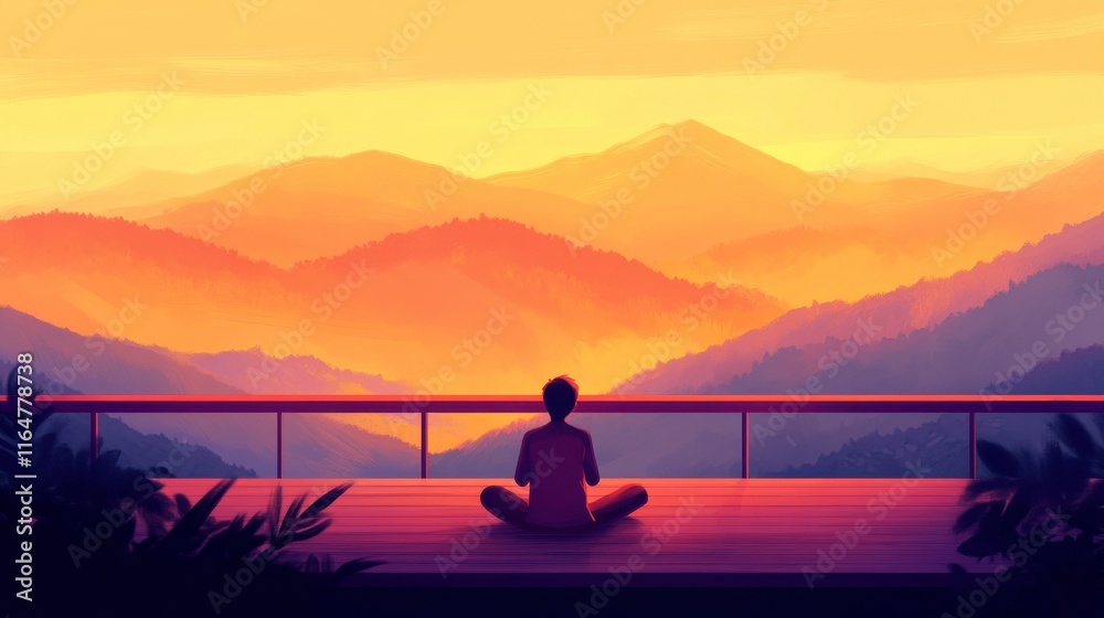 Tranquil Meditation Over Mountain View at Sunset Tranquil Meditation Over Mountain View at Sunset