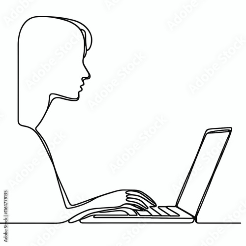 Person working on laptop silhouette, line art, black and white, International Education Day