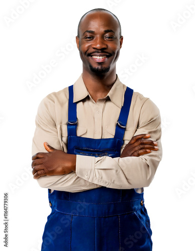 Middle age African-American farmer man wearing blue overalls with arms crossed, isolated on white transparent background