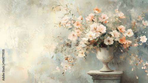 Softly blurred layers of distressed floral patterns and vintage oil paintings evoke a dreamy atmosphere of elegance and refinement in a bygone victorian era setting. Whispering. Illustration photo