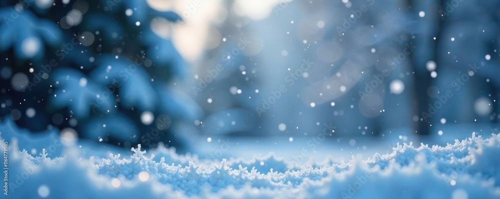 Obraz premium Softly falling snowflakes in winter scene with defocused lights and icy blue hues, ambient, night