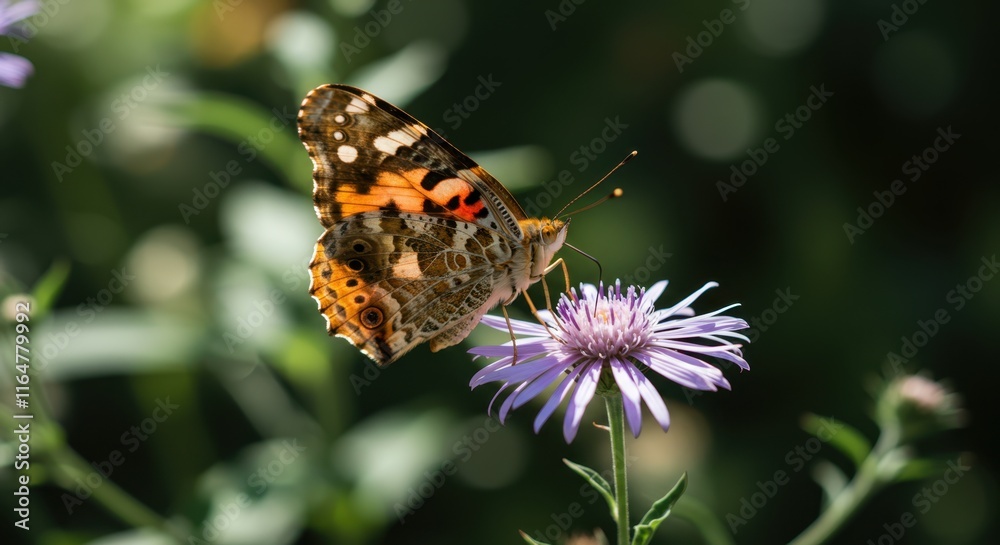 Close-up of vibrant butterfly on purple flower in sunlit garden Close-up of vibrant butterfly on purple flower in sunlit garden