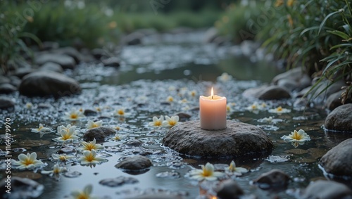 Tranquil candle on rock in stream white flowers afloat