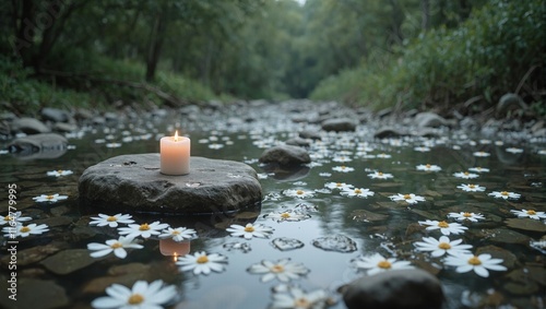 Tranquil candle on rock in stream white flowers afloat