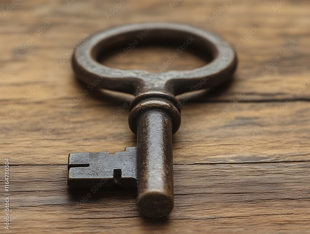Antique Skeleton Key Rests on Weathered Wooden Surface Antique Skeleton Key Rests on Weathered Wooden Surface