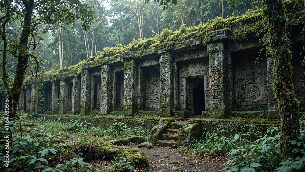 Mysterious ancient ruin engulfed in jungle vegetation Mysterious ancient ruin engulfed in jungle vegetation