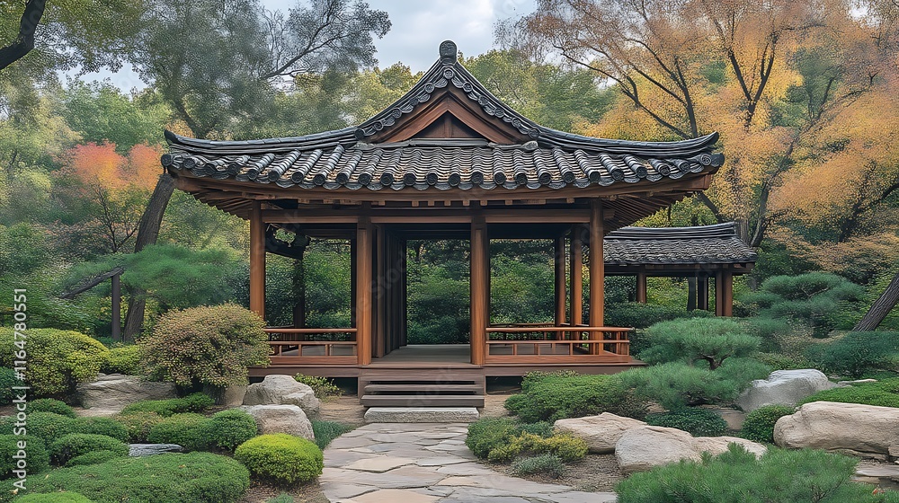 Wooden Pavilion Nestled in a Lush Green Garden Wooden Pavilion Nestled in a Lush Green Garden